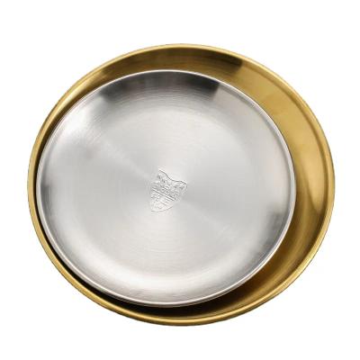 China Durable Deep Round Stainless Steel Dish Plate Dinner Plates Size Dinner Dish Mat Gold Silver Mirror Polish Metal Plate Durable Design for sale