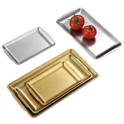 China Gold Korean Tableware Rectangle Rectangle Rectangular Trays 304 Stainless Steel Dessert Sushi Square Serving Tray Luxury Dinner Plat for sale