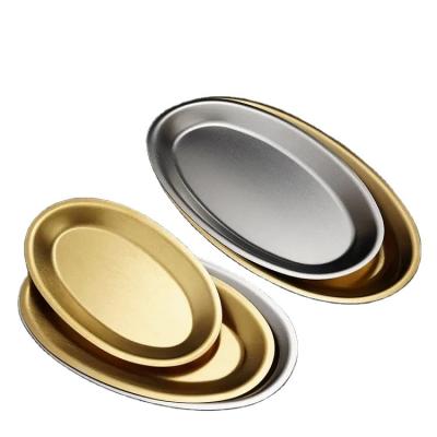 China Viable Factory Wholesale Stainless Steel Dish Gold Oval Shape Splint Cheap Charger Dinner Dish Varies Size Food Tray Available for sale