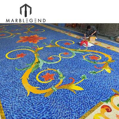 China Parquet Non Slip Pool Slab Design Glass Mosaic Blue Color for sale