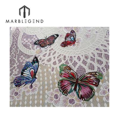 China Parquet Customized Glass Mosaic Hand Cut Puzzle Flower Butterfly Mosaic Pattern Glass Mosaic Mural Slab for sale