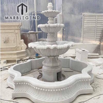 China Large Modern Hand Carved Outdoor White Marble Garden Stone Swimming Pool 3 Tier White Marble Water Fountain for sale