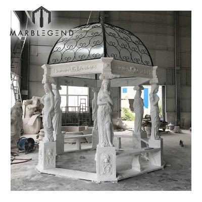 China Large Outdoor EUROPEAN Stone Carved Garden Gazebo Roman Statue Lady Gazebo With Marble Metal Roof for sale