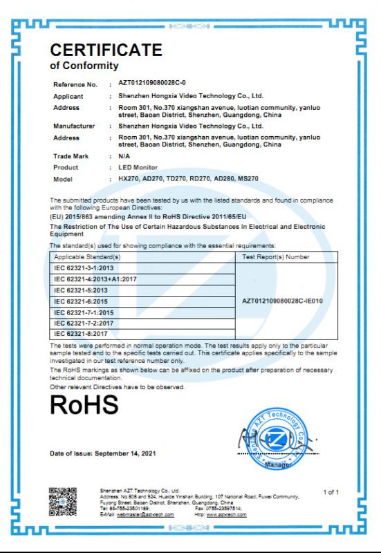 RoHS - Shenzhen Hongxia Video Technology Co., Ltd.