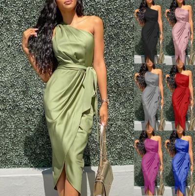 China One Shoulder Long Asymmetrical Satin Breathable Sexy Pleated Tight Party Evening Dress for sale