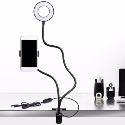 China Aluminum Alloy 2-in-1 Mobile Phone Holder with LED Makeup Light Selfie Ring Light Adjustable Desk Lamp for sale