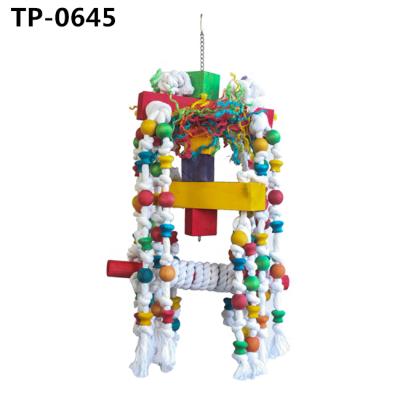 China Large Viable Wooden Parrot Swing Perch Sisal Cotton Rope Bites Toys With Colorful Forager Beads For Bird for sale