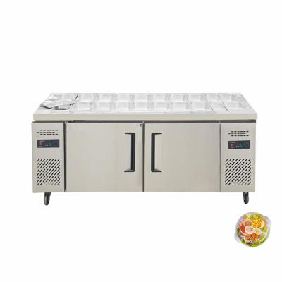 China Double-temp Commercial Double Temperature 2m Salad Freezer Prep Table Counter Fridge With GN Pans For Display Food for sale