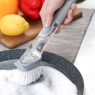 China Pot Brush Kitchen Cleaning Brush 2 in 1 Long Handle Pot Sweep Automatic Liquid Dispenser Sponge Scrubber Dismountable Dishwashing Brush for sale