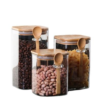 China High Square Spoon Storage Container Dry Food Noodle Organizer Pantry Glass Spice Jar Eco-friendly Sustainable Borosilicate With Bamboo Lid for sale