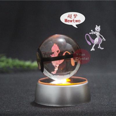 China Europe YL-B045 Wholesale Hot Sale 50mm 80mm 3D Laser Engraving Crystal Mewtwo Pokemon Ball With Light For Children's Gift for sale