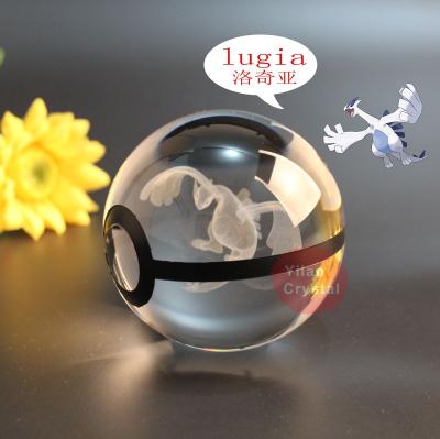 China Europe YL-B048 Wholesale Hot Sale 50mm 80mm 3D Laser Engraving Crystal Lugia Pokemon Ball With Light For Children's Gift for sale