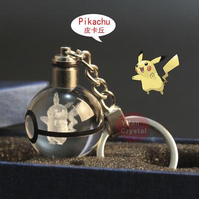 China Unique Pikachu pokeball ball Crystal Glass Keychain 3d laser with led light for kids gift for sale