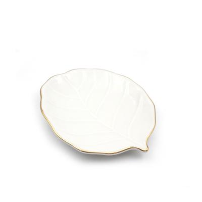 China New Design Jewelry Display High Quality Gold Edge Round Leaf Shape Ceramic Jewelry Ring Dish for sale