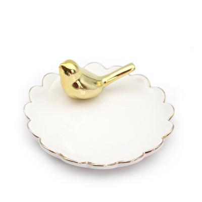 China Hot Gold Cute Bird Trinket Display Home Decor Jewelry Display Sale Ceramic Ring Tray for sale