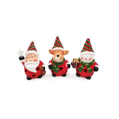 China Small Handmade Terracotta Decoration Christmas Santa Claus Reindeer Snowman Ceramic Figurine 3set With LED Light for sale