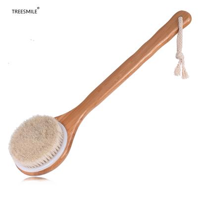 China Long Handle TREESMILE Horsehair Bath Brush Massage Body Brush OEM Logo Natural Bamboo Bristle Brushes Have Good Quality Running Factory for sale