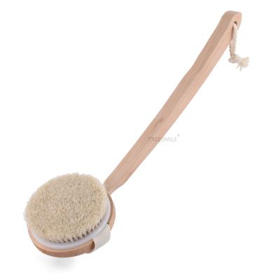 China Long Handle TREESMILE Bath Brush Hair Bristle Massage Body Brush Removable Natural Curved Curved Long Handle Shower Brushes OEM Removable Wooden Soft Logo for sale