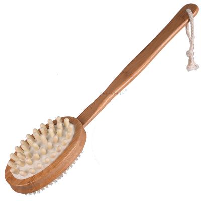 China Long Handle TREESMILE Bath Brush Natural Bamboo Bristle Double Sided Massage Brush Shower Dry Brushes Good Quality OEM Logo Factory for sale