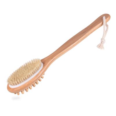 China Long Handle TREESMILE Double Sided Bamboo Dry Body Massage Brush Bath Brush OEM Logo Natural Dry Brushes Factory Good Bristle Quality for sale