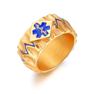 China FASHIONABLE Wholesale Medical Symbol Heartbeat Mens Titanium 10mm Gold Ring for sale