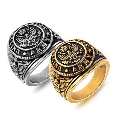 China Vintage Wholesale American 316L Titanium Steel Ring, Vintage Eagle Round Signet Military Men's Army Ring for sale