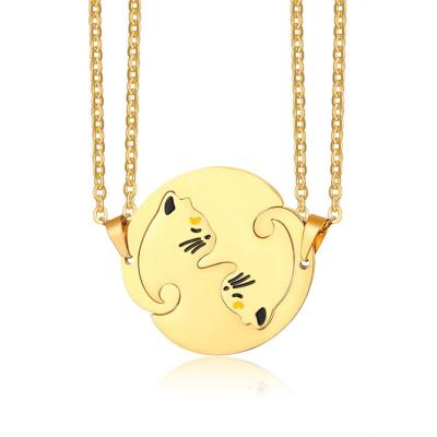 China Ying Yang Jewelry Stainless Steel Double Cute Cute Cat Hug Gold Couple Necklace for sale