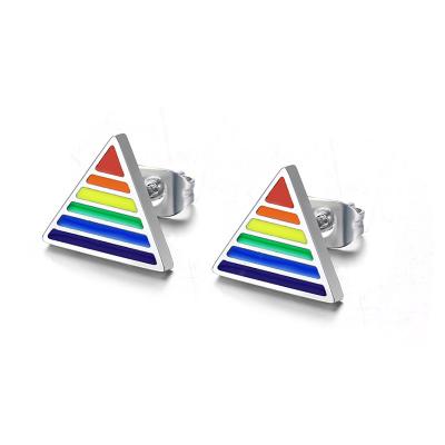 China LGBT Stainless Steel Enamel Rainbow Triangle Shape Pride Stud Earring for sale