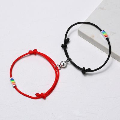 China Adjustable Black And Red String LGBT Bracelet With Rainbow Charm For LGBT Couples for sale