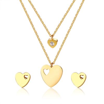 China Stainless Steel Double Layer Gold Chain Necklace And Earring Set Stainless Steel Jewelry With Heart Crystal for sale