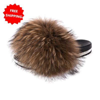 China Fashion Trend Fashion Fur Slides For New Women's Slippers Free Shipping Real Raccoon Shiny Luxury Outdoor Sandals for sale