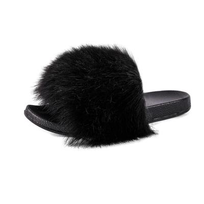 China Wholesale Fashion Trend Factory Fashion Slides Faux Fox Raccoon Fur Slippers Sandals For Women Kids Children Black Flip Flops for sale