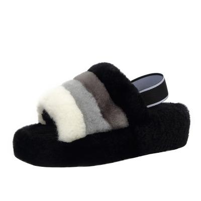 China Fashion Trend Casual Women's Ladies Slip On Fluffy Faux Fur Sliders Flat Slipper Flip Flop Sandal Solid Ladies Shoes Woman Shoes for sale