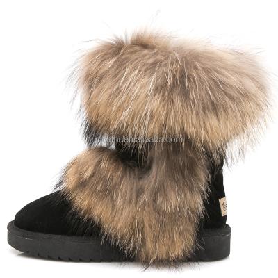 China CUSHIONING Wholesale Fashion Winter Women Boots Ladies Fur Snow Boots Round Toe Raccoon Fur Cow Leather Warm Anti-skid Fur Boots for sale