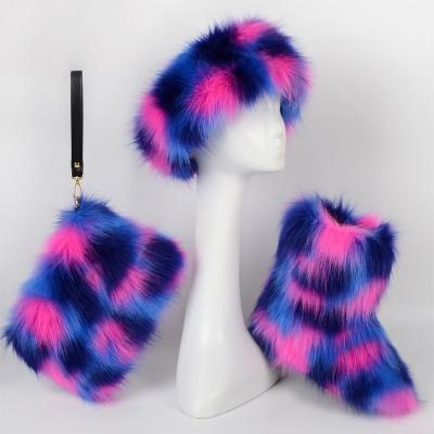 China CUSHIONING Women Winter Colorful Faux Fox Fur Snow Boots Matching Purse And Headband Boots for sale