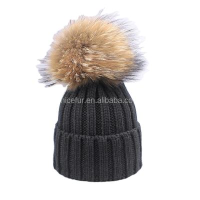 China Real Big Furry Fluffy Soft Fox Fur Raccoon Kids COMMON Adults Kids Slips Pompom Beanie Toque Beanie Hat Christmas Winter Hat for sale