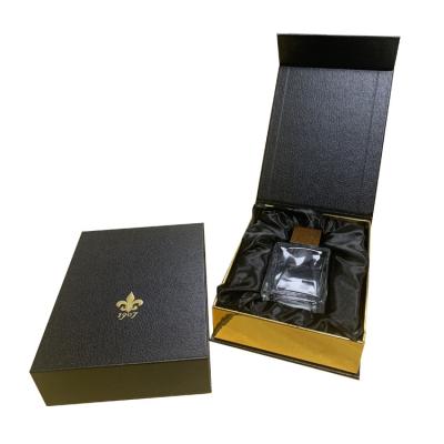 China Recycled Materials Custom Gold Foil Stamping Rigid Cardboard Luxury Gift Box With Foam Insert For Perfume Bottle for sale