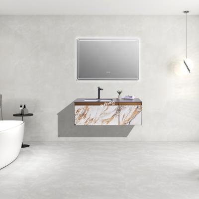 China Environmentally Friendly Anti Fog Delfone Rock Stone Slab Surface Bathroom Vanity With Led Mirror for sale