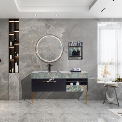 China Environmental Friendly Luxury Led Bathroom Vanity With Amazon Green Integrated Rock Stone Marble Basin for sale