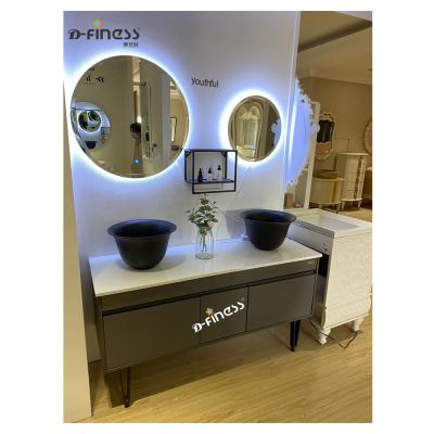 China Water Proof Modern Style Bathroom Vanity With Special Double Round Black Basin And Black S Leg Hotel Bathroom Furniture for sale