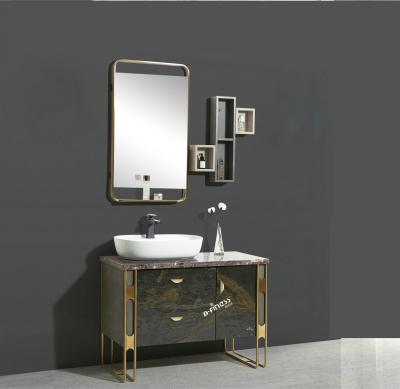 China Eco-Friendly Ss Style Stainless Steel Leg Frame And Mirror Luxurious Agglomerated Stone Bathroom Vanity for sale