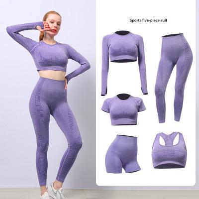 China Hot Selling Breathable Women Yoga Suit Sport Wear Active Wear Set 5 Pieces 5pcs Women Sport Gym Yoga Sets Fitness Women for sale