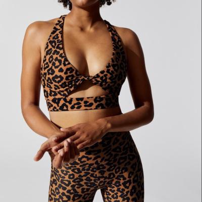 China Factory Supply Breathable New Front Cross Two 2 Piece Cheetah Print Fitness Sexy Bra And Pants Yoga Set Leopard Yoga Set for sale