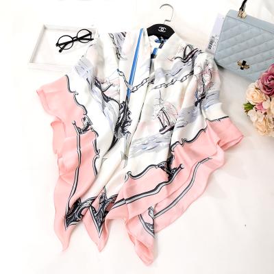 China 2021 new arrival 130*130cm spring feeling soft elegant square satin silk scarf navy style shawl for lady for sale