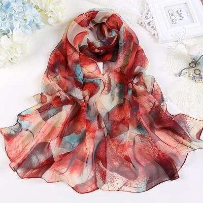 China Soft Type New 2021 Machine Printed Chiffon Scarf 160*50cm Chiffon Ribbon Leaf Pattern Scarf Smooth Luxury Elegant Feeling Scarf High Quality For Women for sale