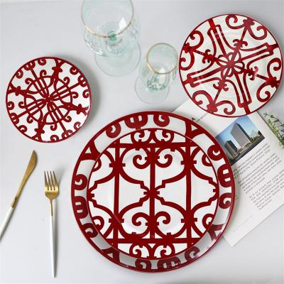 China Wholesale Stocked Bone China Dinnerware Sets Red Window Grill Pattern 4pcs Porcelain Dinner Dish Sets for sale