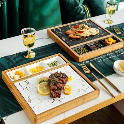 China Nordic Western Grill Restaurant Snack Dish Square Stocked Ceramic Steak Dish With Wood Base for sale