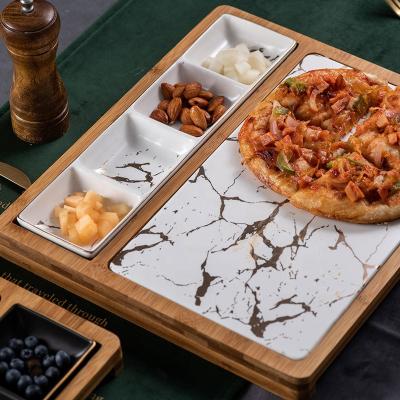 China Wholesale Marble Western Restaurants Stocked Square Porcelain Dish Plate Ceramic Steak Dish With Wood Tray for sale