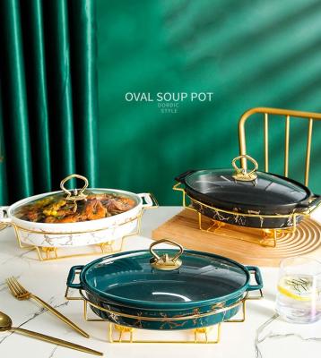 China Wholesale Marble Oval Shape Stocked Ceramic Dinner Bowl Sets With Gold Color Steel Rack for sale