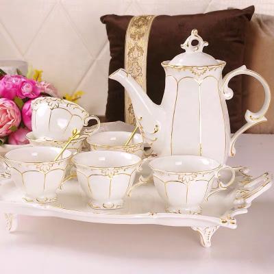 China Modern Style 8pcs Hand Painted Gold Stocked Rim Tea Pot Set New Style Ceramic Tea Set Coffee Set for sale